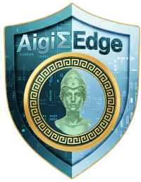 AegisEdge edge computing and quantum-resilient biometric security emblem: Athena and the Aegis Shield